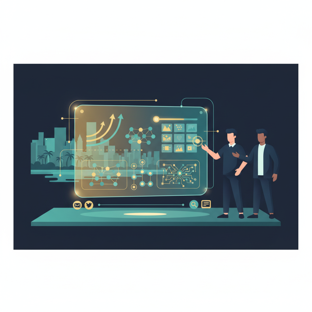 Blog header for How to Use AI in Marketing, showing an AI marketing dashboard, Singapore skyline and marketers interacting with holographic data