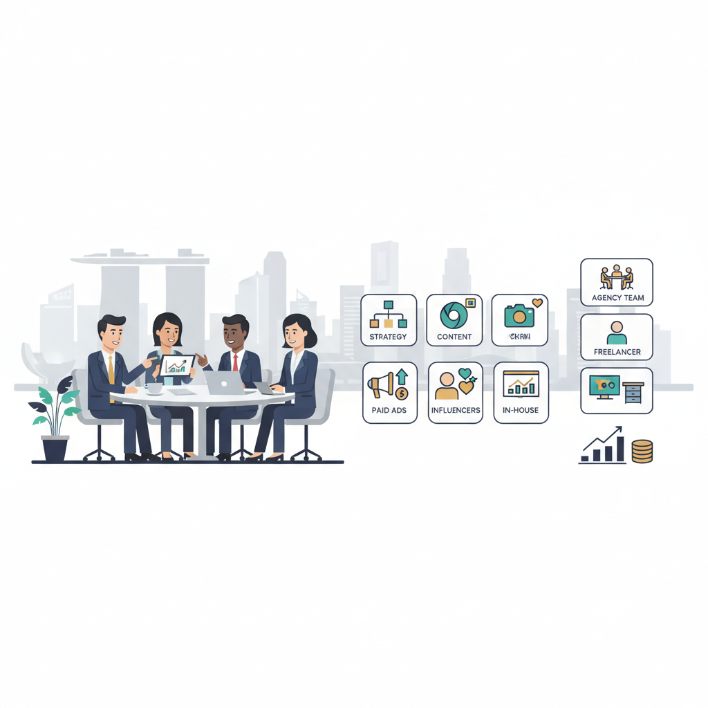 How to choose the right social media marketing agency in Singapore – professional Singapore skyline and team collaboration concept