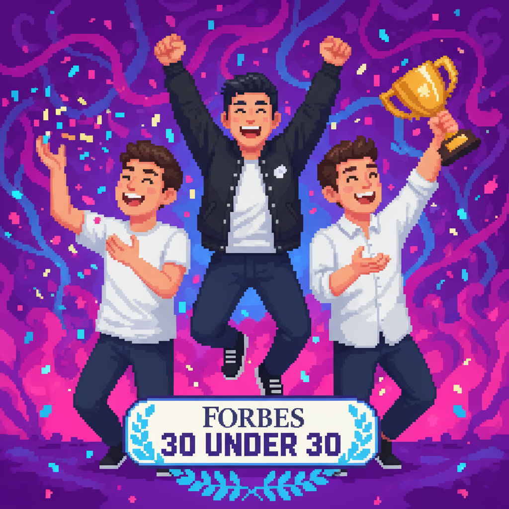 Pixel art group image of three human characters inspired by the provided photos, each in different poses and wearing the same clothes as in the images. The background is a vibrant, saturated purple with organic pixel art style. Characters should not be standing in a lineup; use creative composition, with each person in a unique pose. Capture a celebratory, upbeat mood suitable for Acme Corporation 30 Under 30 winners.