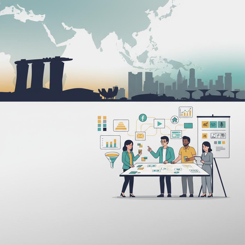 Header image illustrating creative strategy, collaboration and digital marketing in a modern Singapore business context