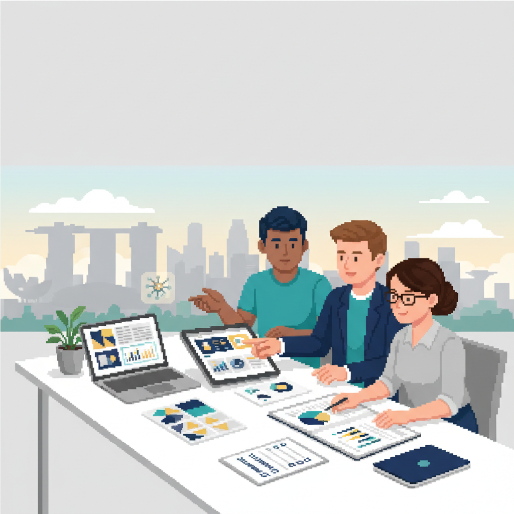Creative marketing team collaborating in a Singapore office with skyline in background