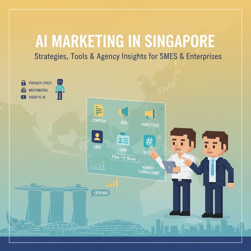 AI Marketing in Singapore header image showing skyline, AI dashboard and roadmap from pilot to scale