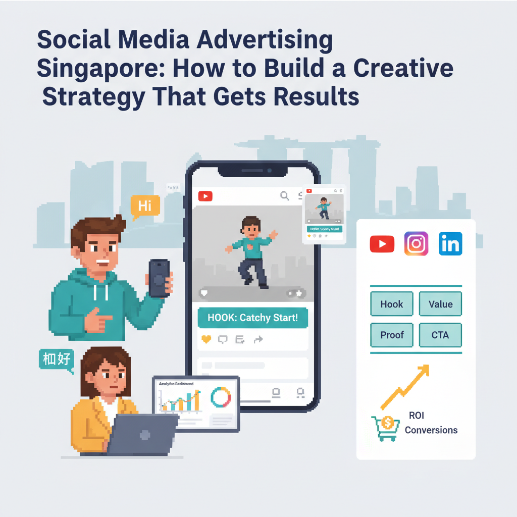 Social Media Advertising Singapore header image – mobile-first creative strategy for TikTok, Instagram, Facebook, YouTube, LinkedIn with Singapore skyline