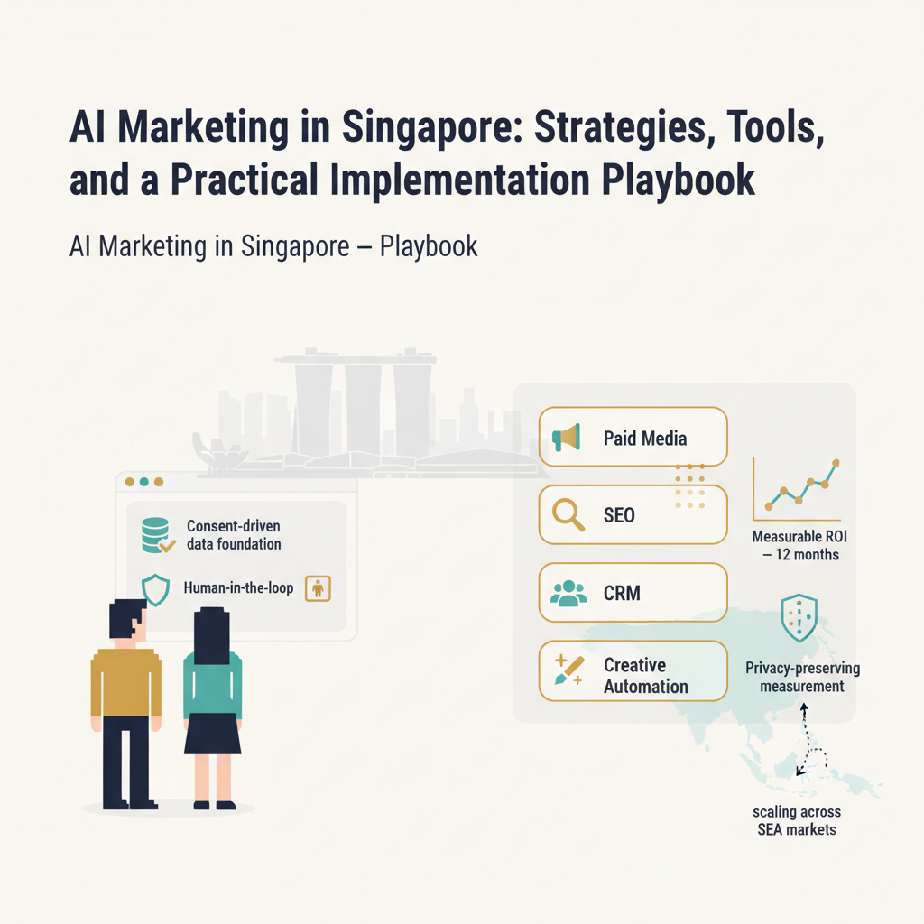 AI marketing in Singapore header showing governance-first approach, pilot roadmap, privacy-preserving measurement, and ROI within 12 months
