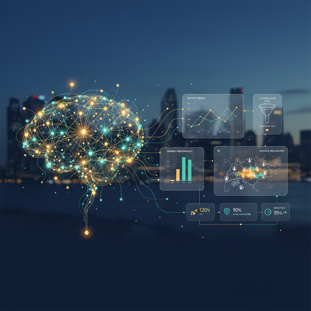 Abstract AI brain merging with marketing dashboards over a Southeast Asian skyline — modern, tech-forward, human-centric AI marketing header image
