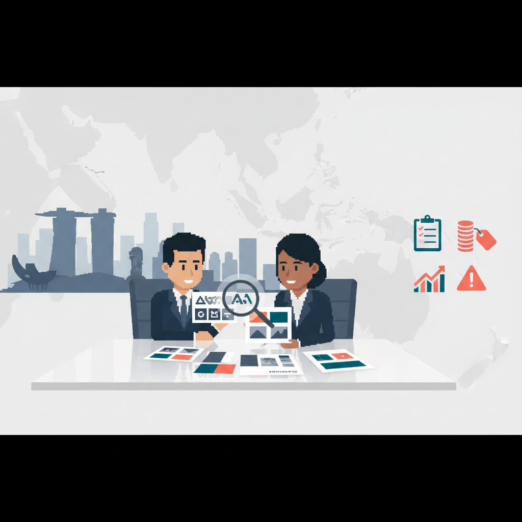 Header image for Singapore branding agency guide showing professionals reviewing brand materials against a modern Singapore skyline