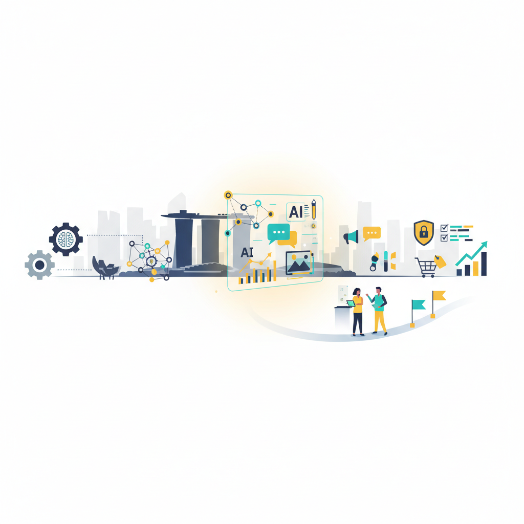 AI marketing header image showing a Southeast Asia skyline blended with abstract AI dashboards, chatbot and analytics icons